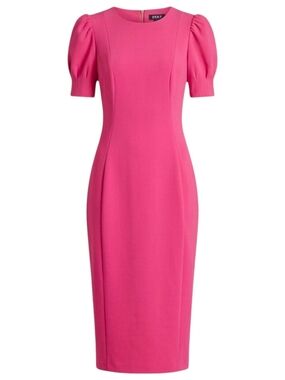 DKNY Hot Pink Midi Sheath Dress with Puff Sleeves